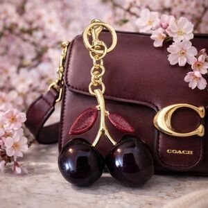 Cherry Bag Charm & Keychain in Burgundy with Gold Details New
